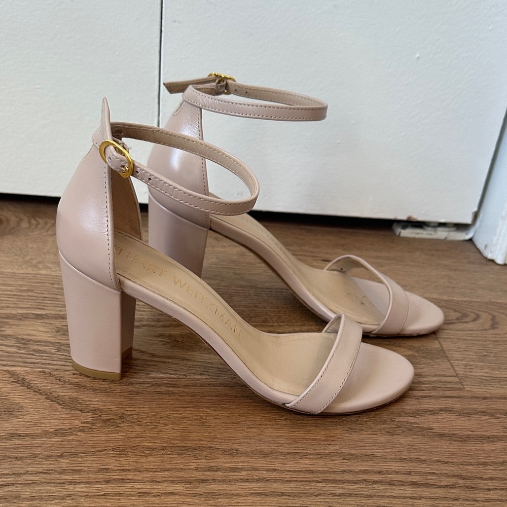 Stuart Weitzman Nude Block Ankle Strap Heels